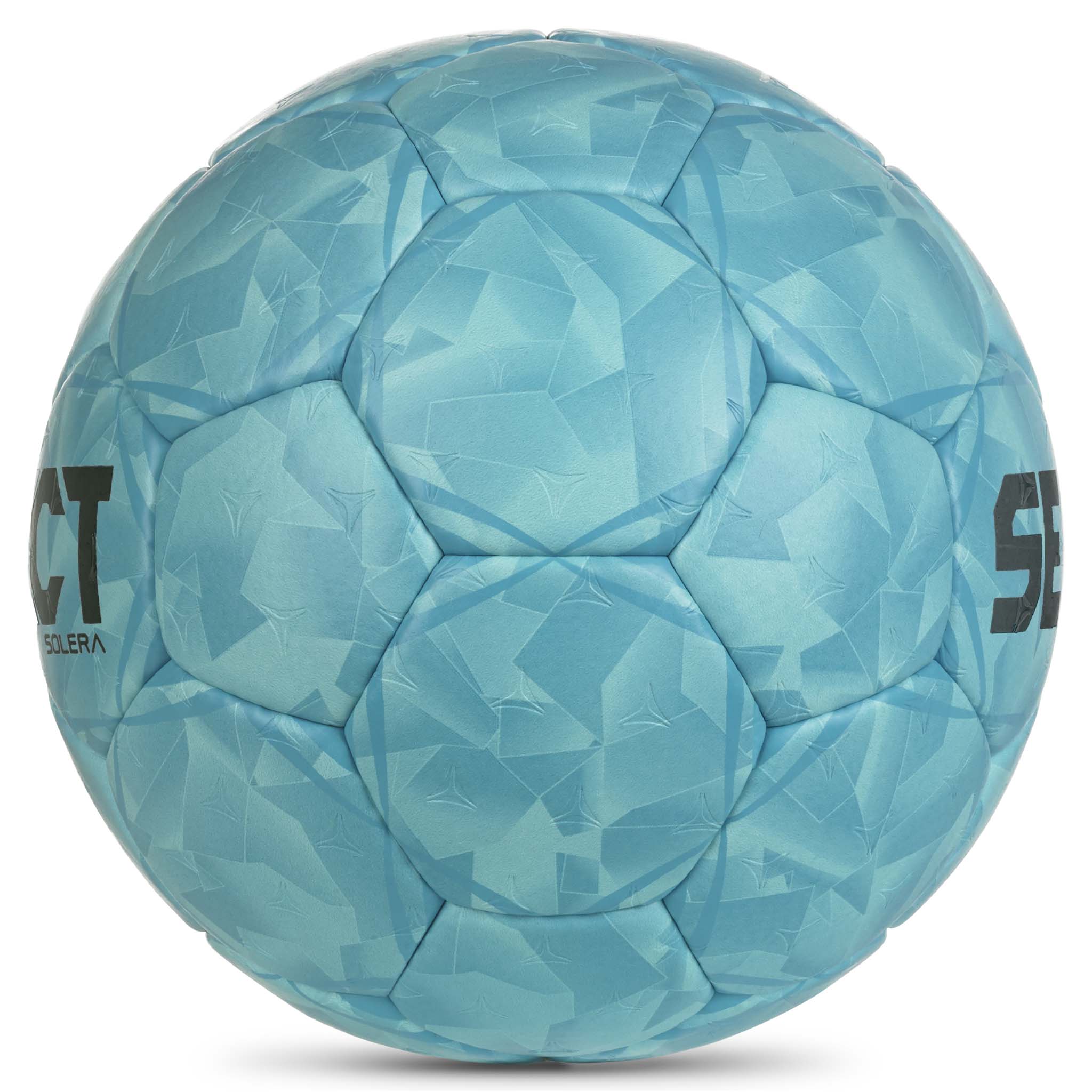 Blå Solera v26 handboll, sedd från höger, med strukturerade paneler och mörk logotyp.