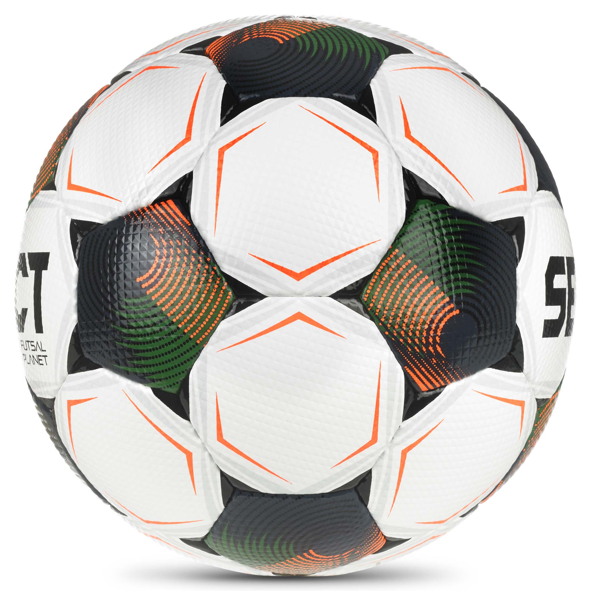 Futsal Planet v26 boll, höger sida, vit med grön, orange och svart design