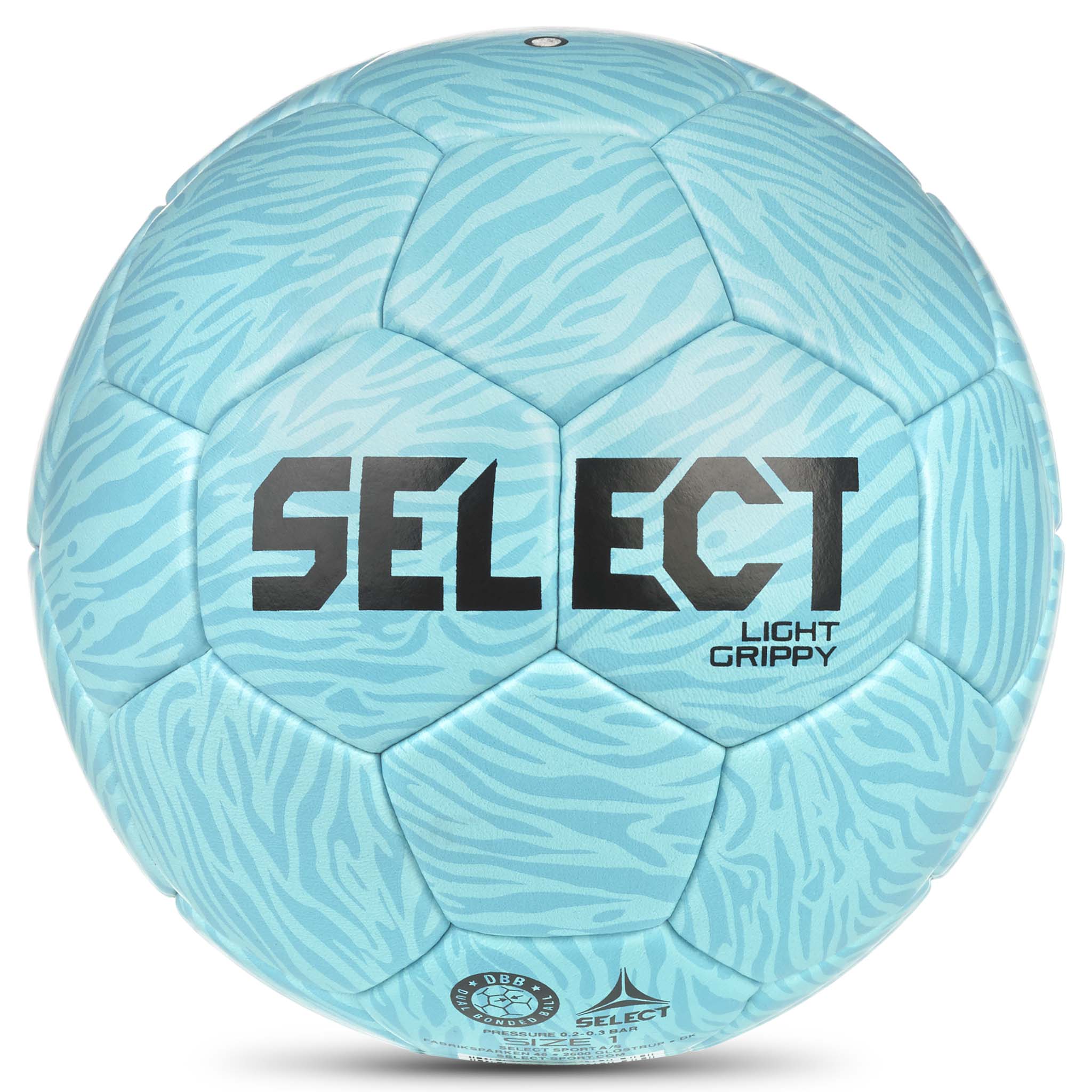 Baksida av ljusblå Light Grippy v26 handboll med grå och svart Select-logga.