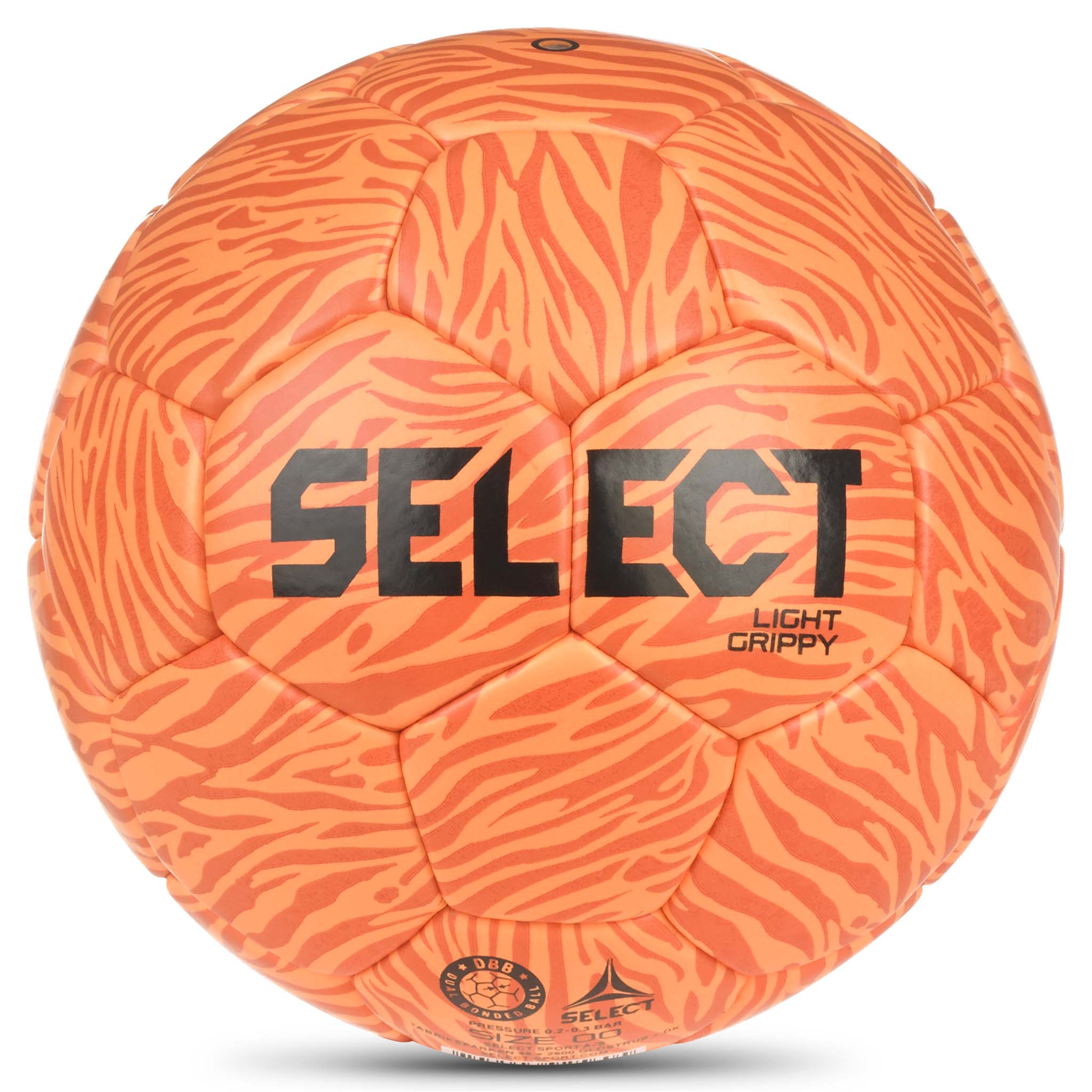 Orange Light Grippy v26 handboll med mörkare tigerrandigt mönster, baksidesvy.