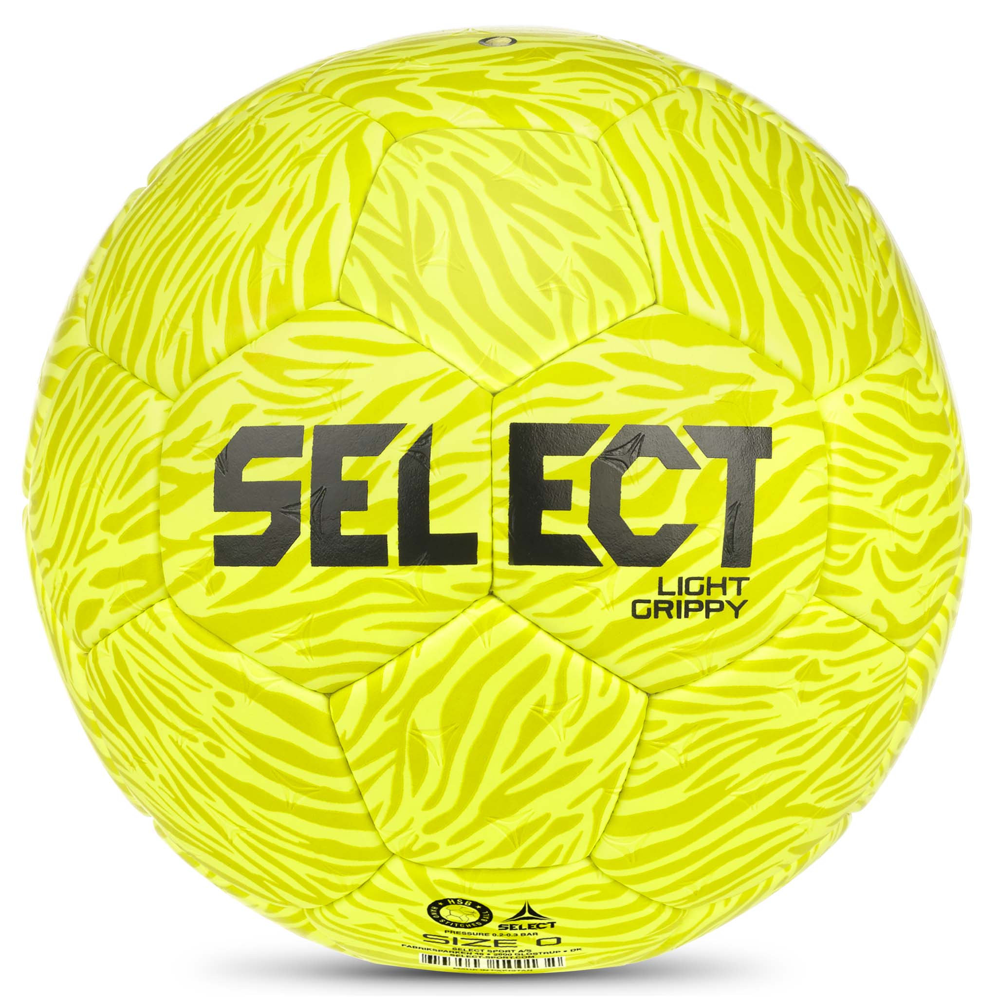 Baksida av gul Light Grippy v26 handboll med grått zebramönster och svart logga.