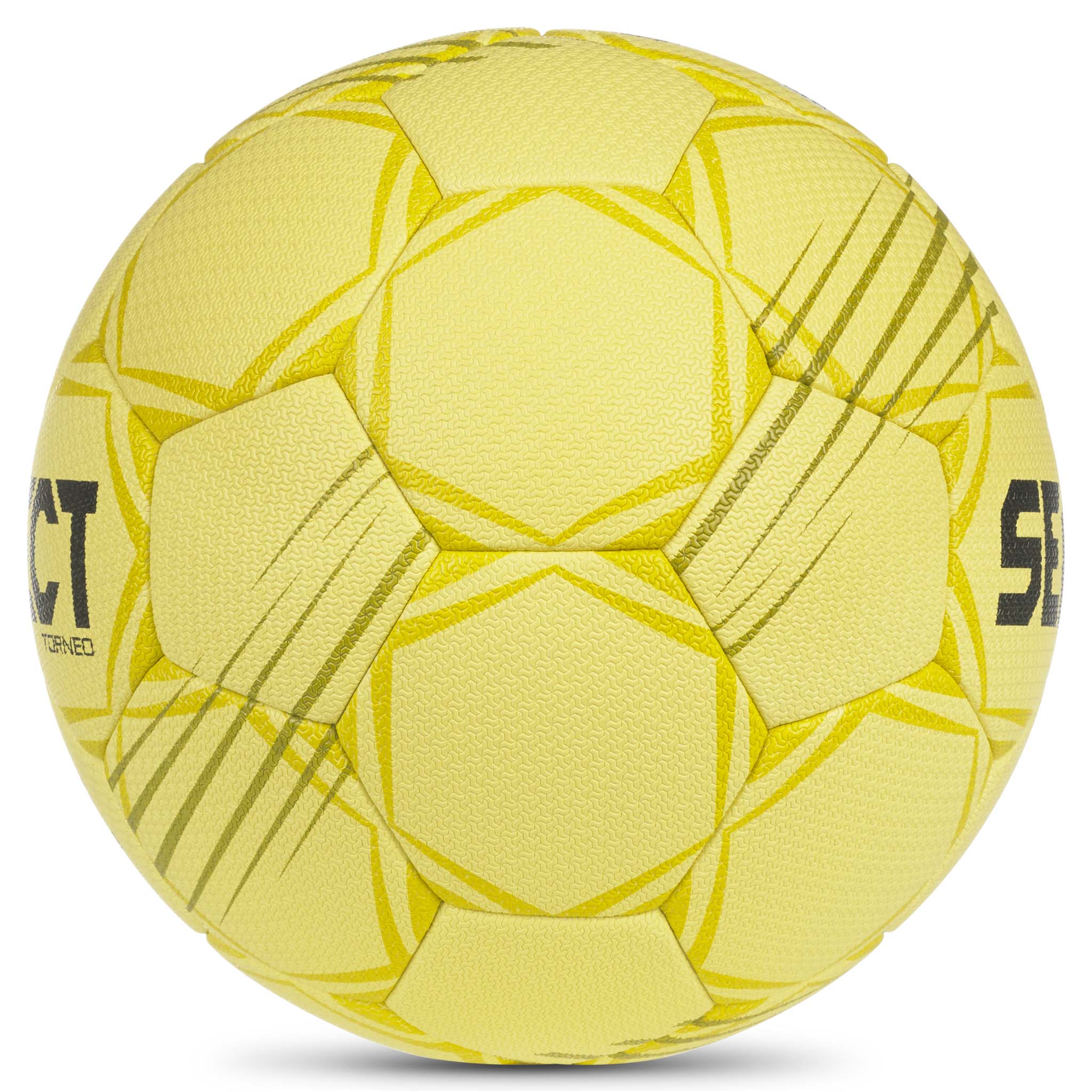 Gul Torneo v26 handboll, sedd från höger sida med strukturerade paneler och logotyp.