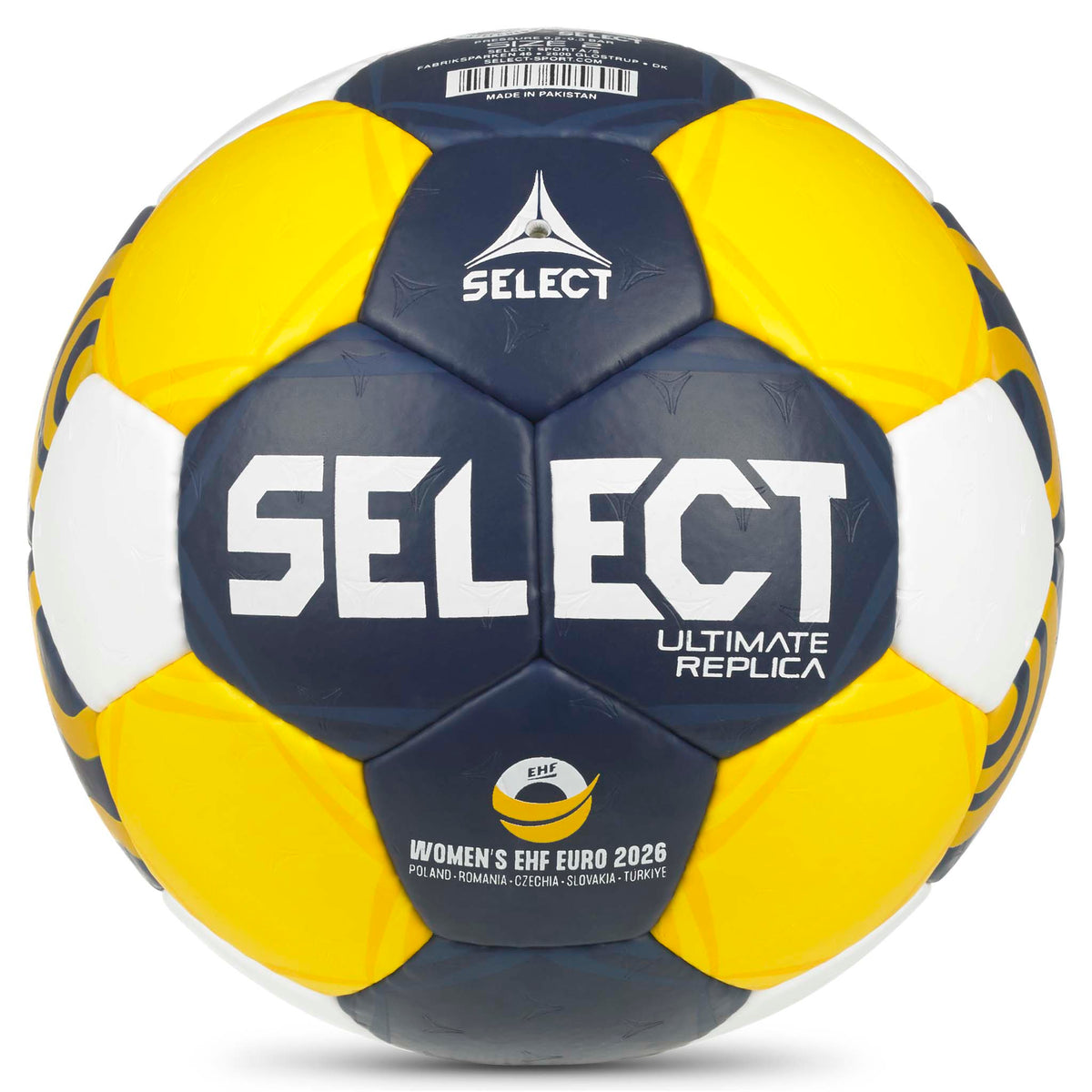 Replica EHF Euro Women v26 handboll, framsida, i gult, marinblått och vitt.