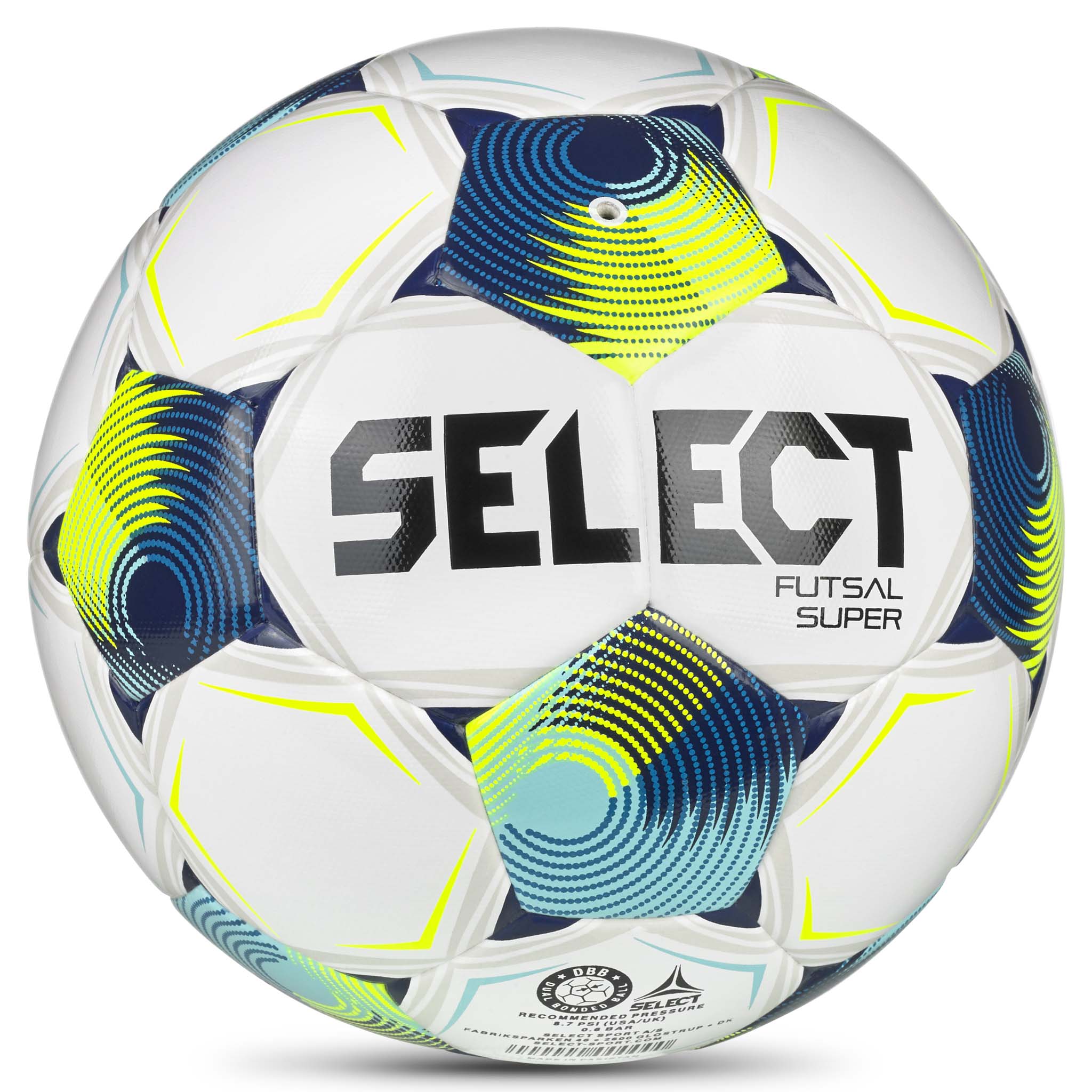 Futsal Super v26 boll, baksida. Vit med blå, grön och turkos design.