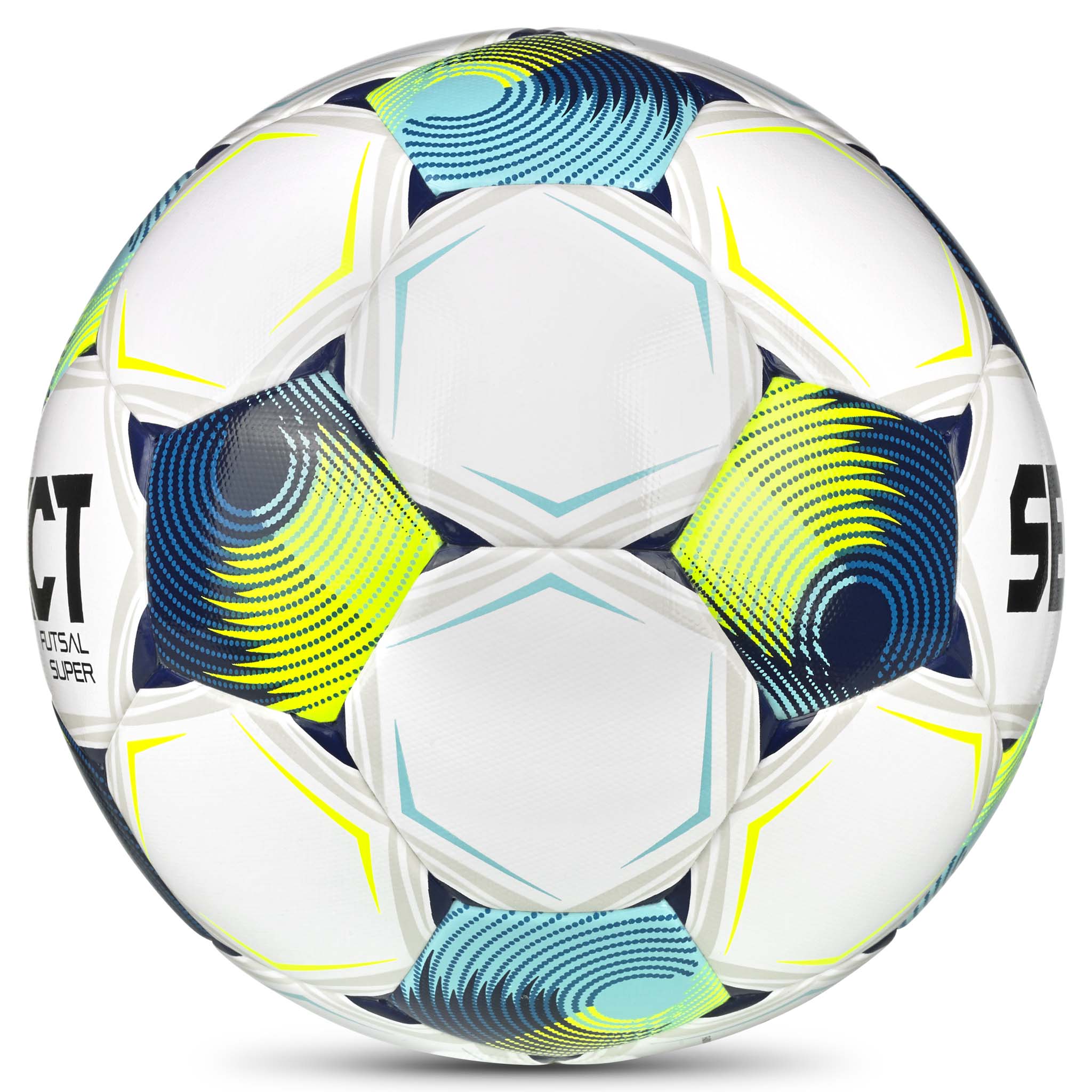 Vit Futsal Super v26 fotboll med blå, grön och gul design, sedd från höger sida