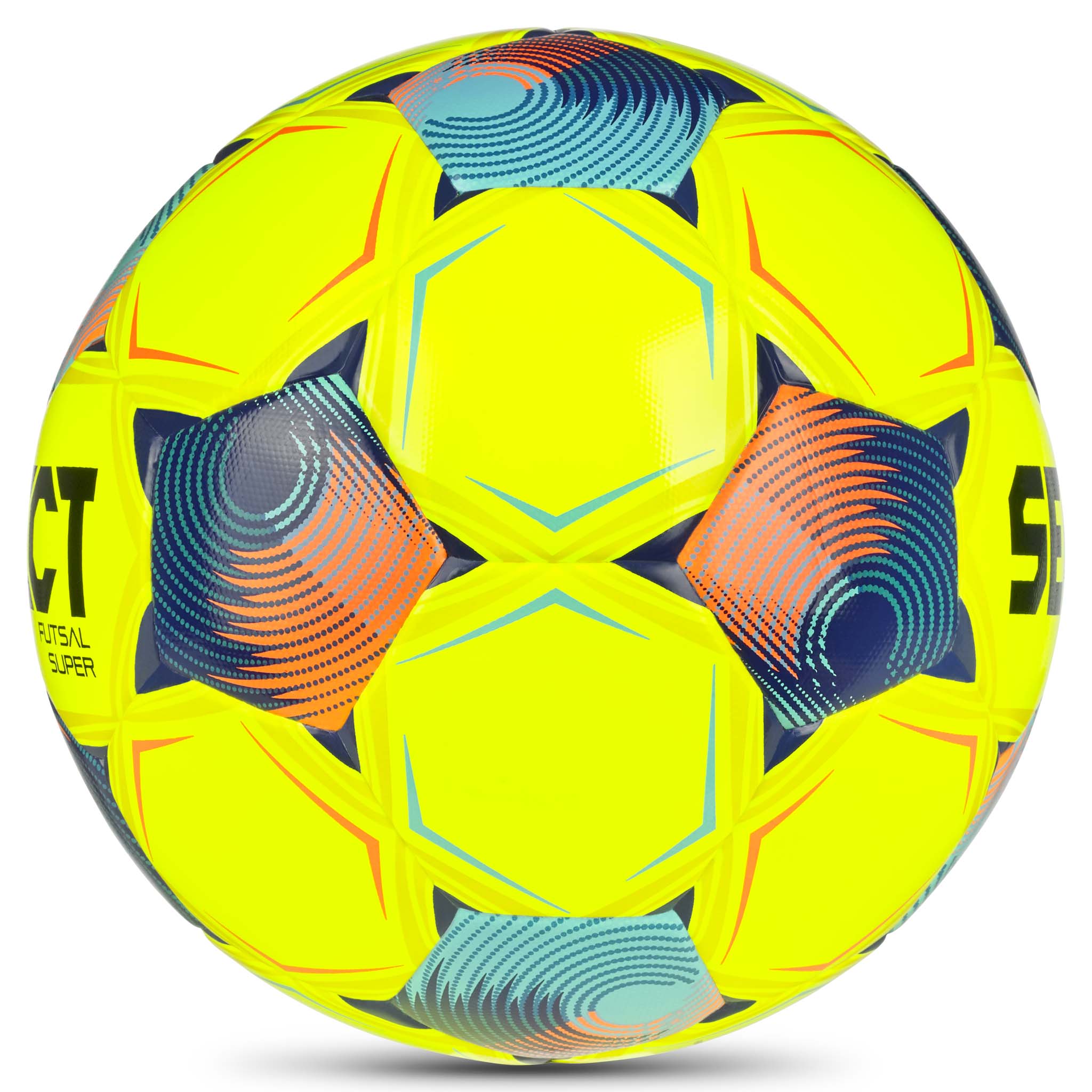 Futsal Super v26 fotboll, sedd från höger sida, gul med blå och orange detaljer