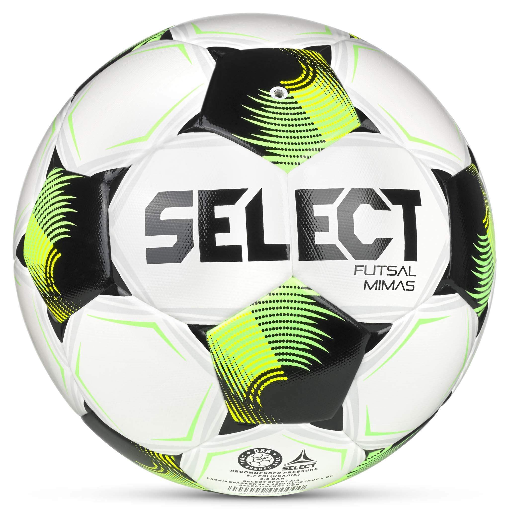 Futsal Mimas v26 fotboll, baksida. Vit, grön och svart Futsal-boll med Select-logga.