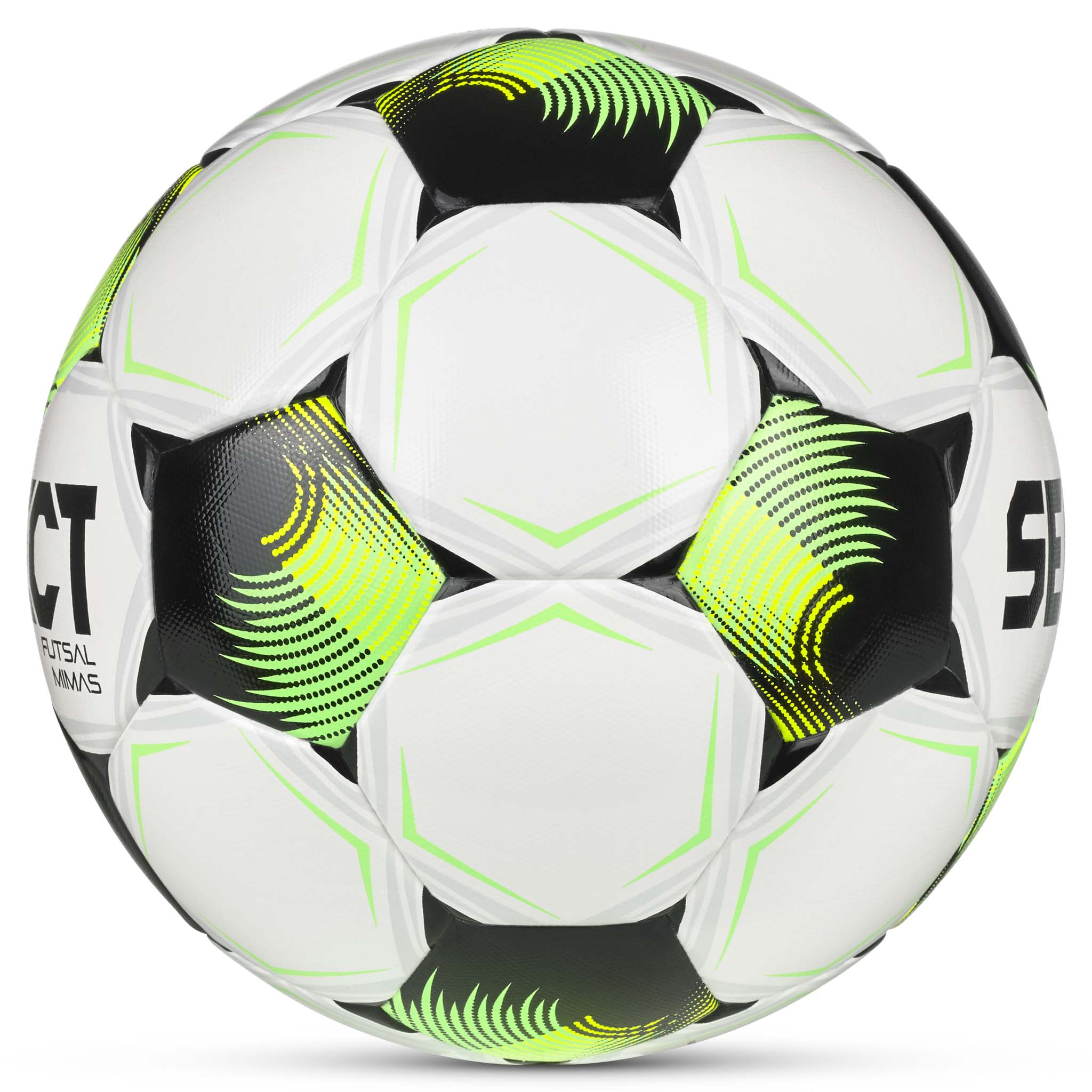 Vit, grön och svart Futsal Mimas v26 futsalboll, sedd från höger sida