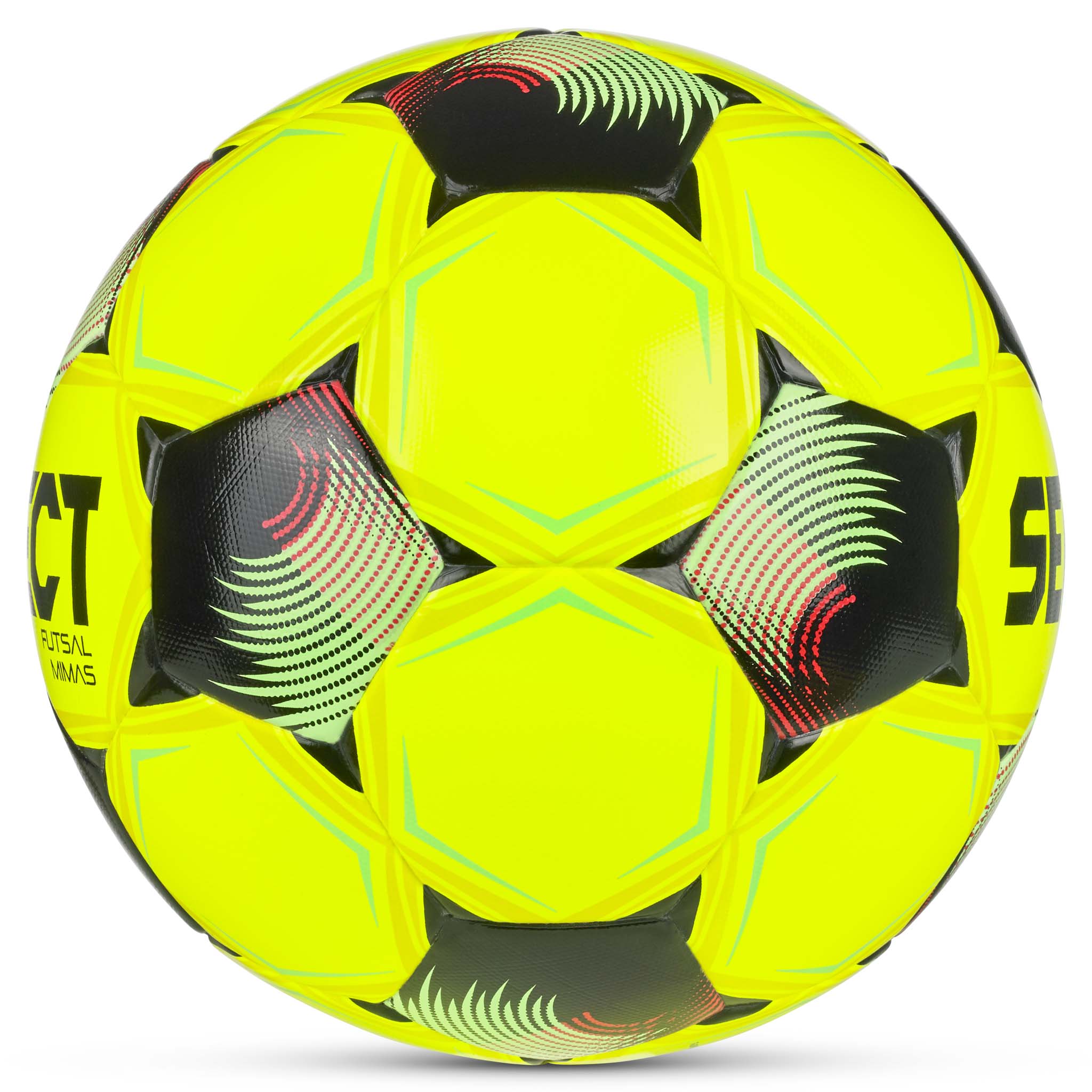Futsal Mimas v26 boll, sedd från höger sida. Gulgrön futsal med svarta, röda och turkosa detaljer.