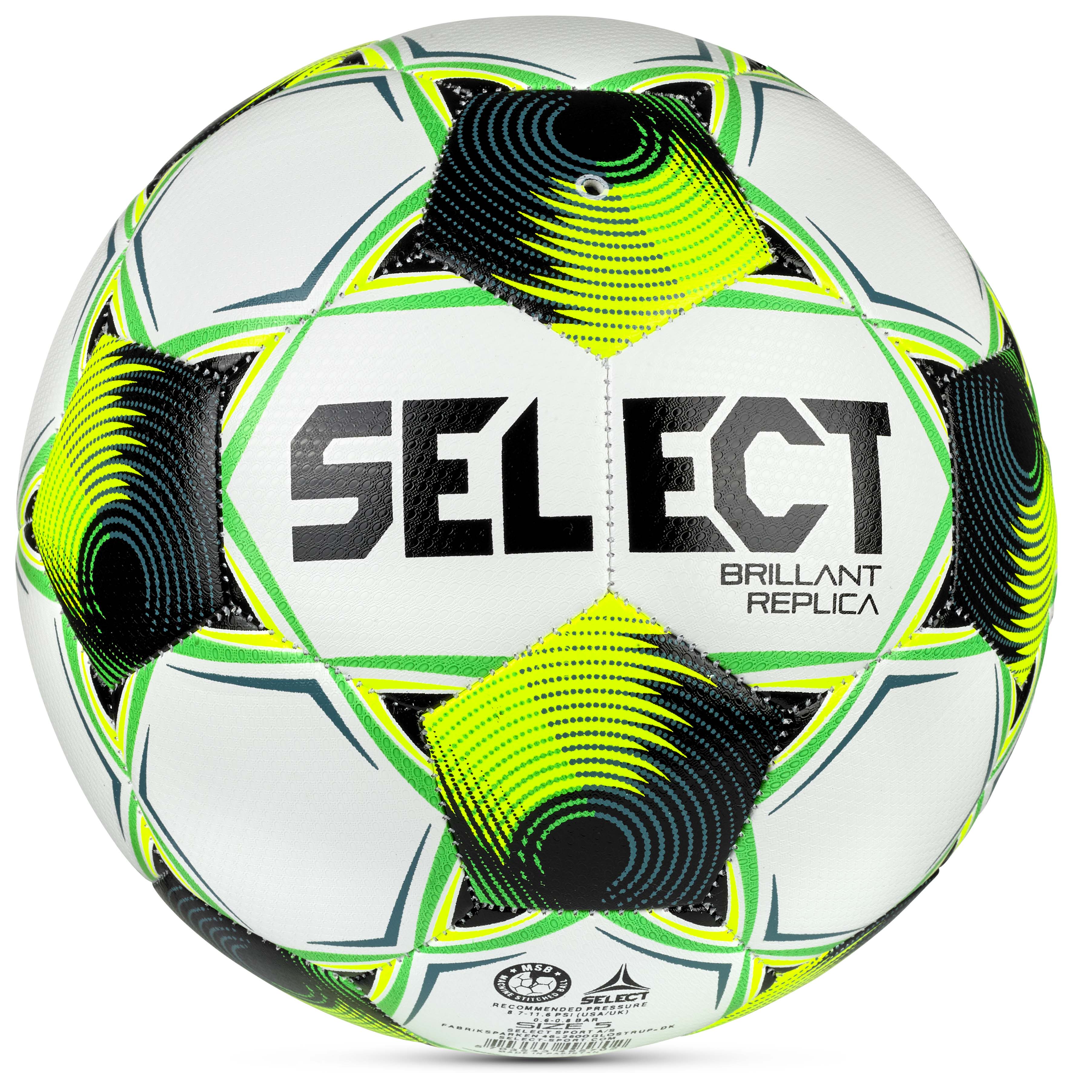 Baksida av Brillant Replica 3F Superliga v26 fotboll i vitt, grönt, gult och svart.