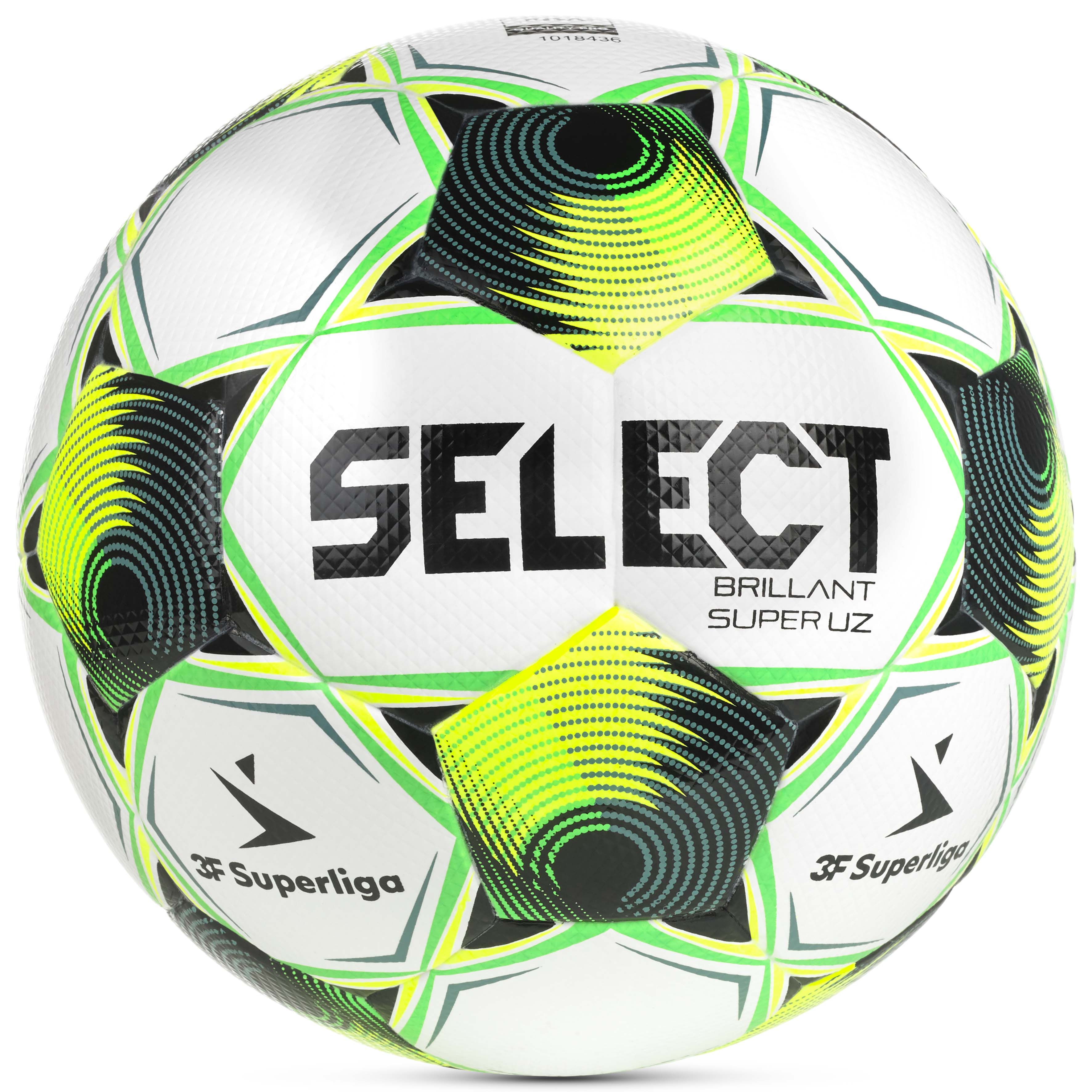 Framsida av Brillant Super UZ 3F Superliga v26 fotboll i vitt, grönt, gult och svart.