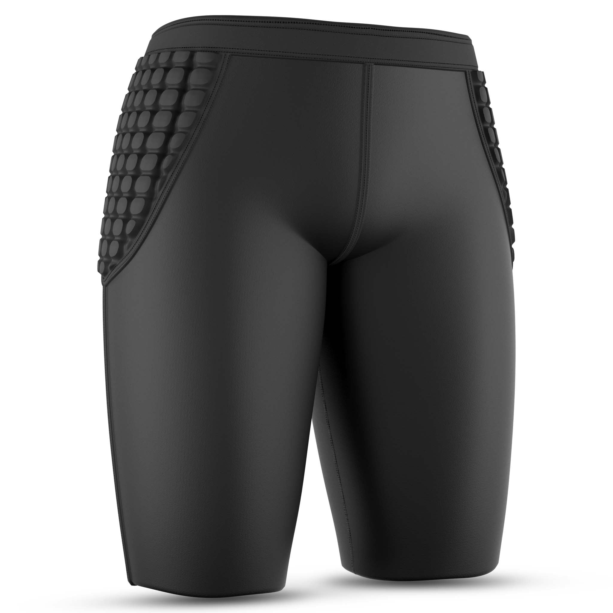 Framsida av svarta Goalkeeper pants 6420 med vadderade höftpaneler, Sports support för fotboll.