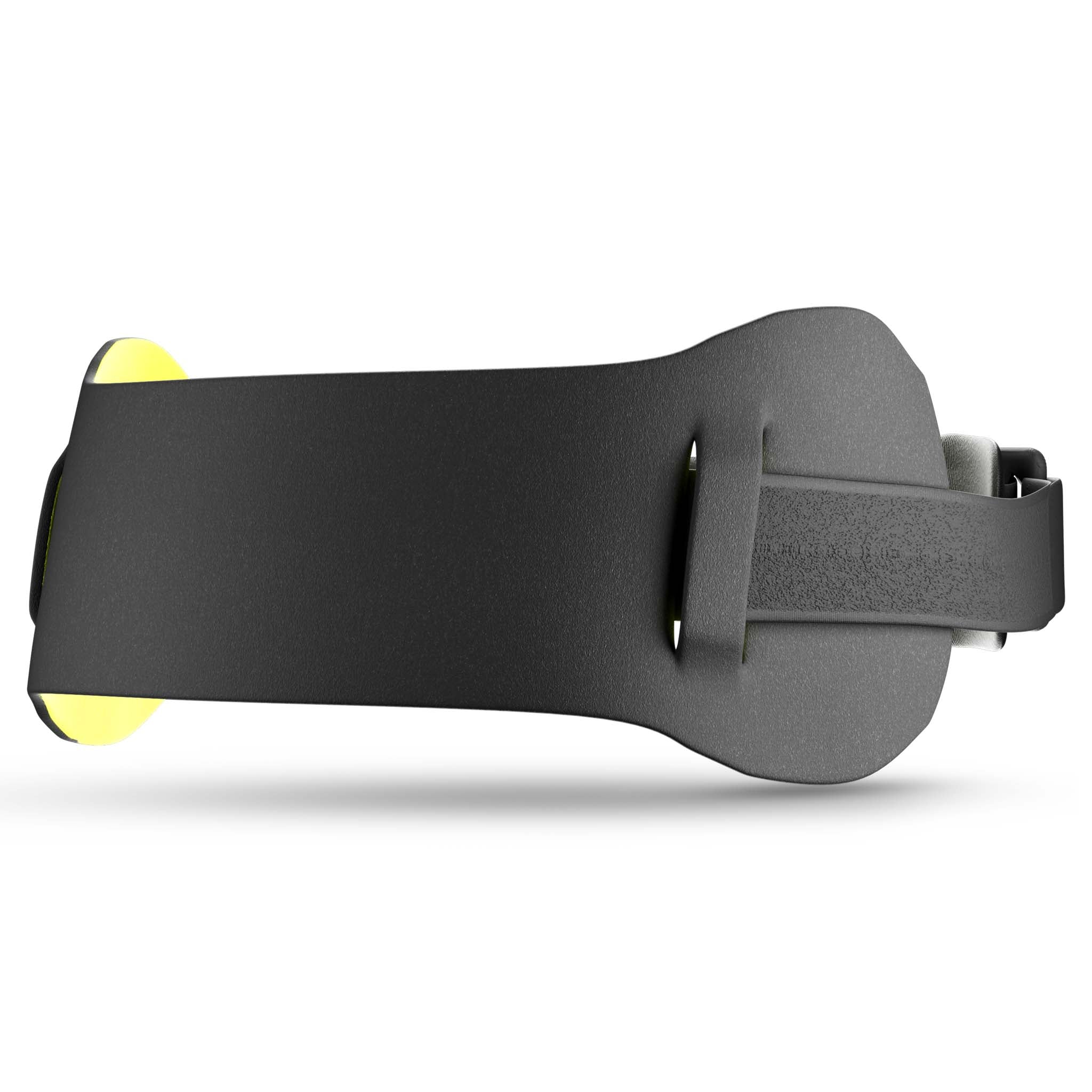 Svart Knee strap med gula detaljer, sports support, sett bakifrån.