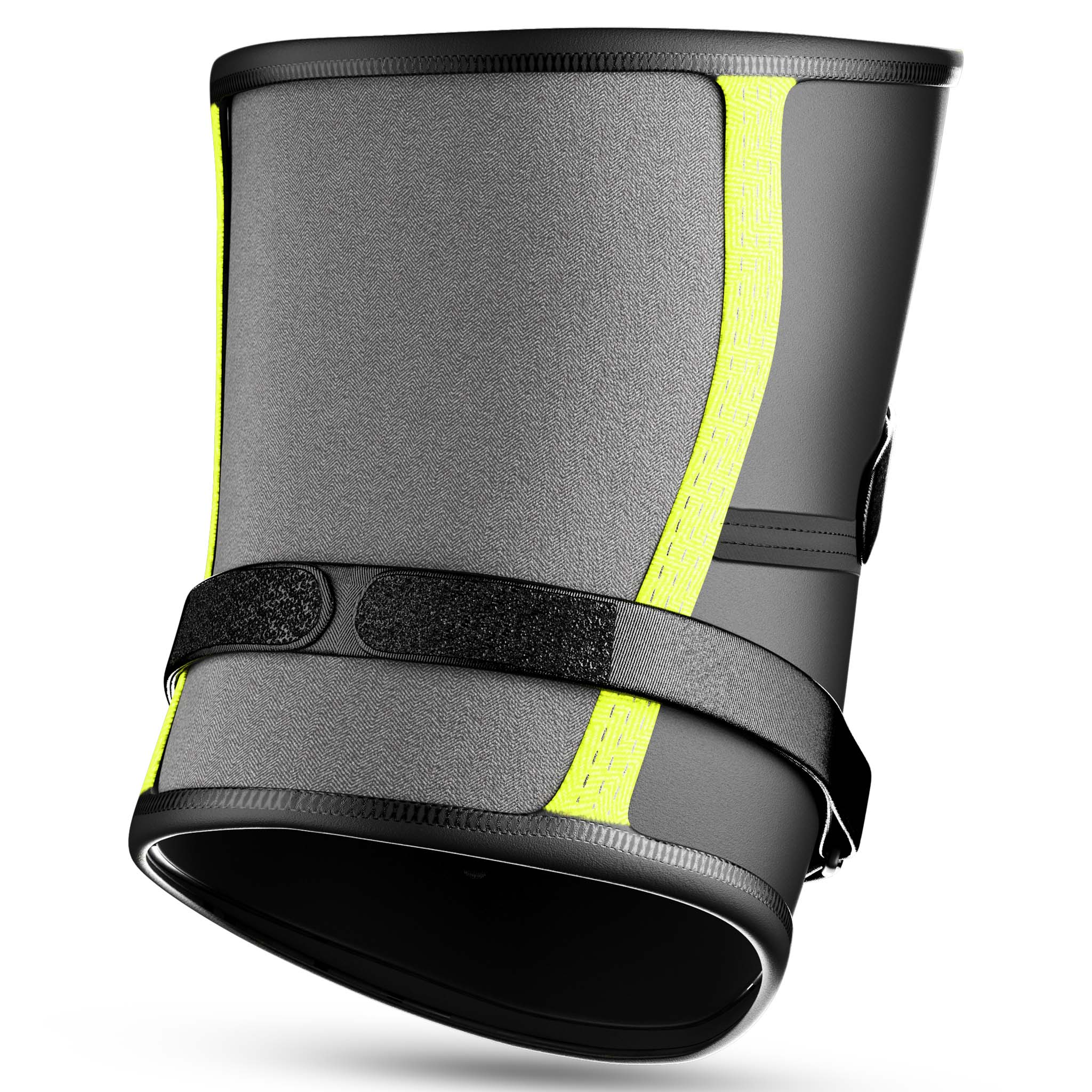 Baksida av grått Knee support Stabilizer 6207 sportstöd med gula ränder och justerbar svart rem
