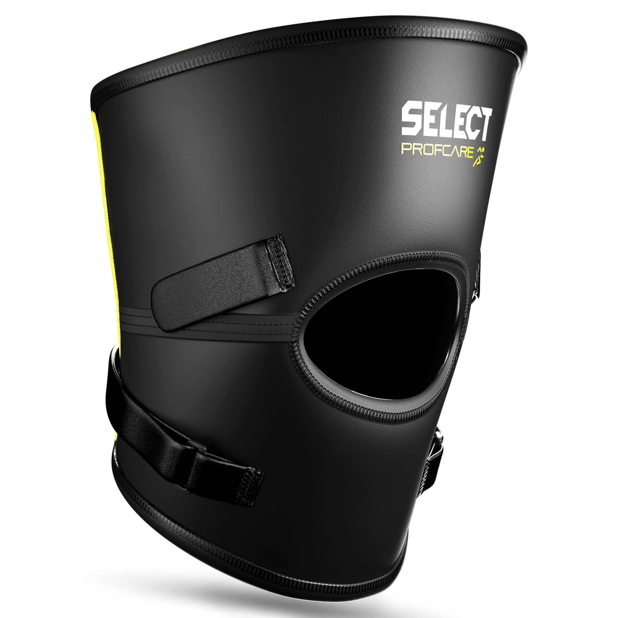 Framsida av svart Knee support Stabilizer 6207 sportstöd med gula detaljer och justerbara remmar.