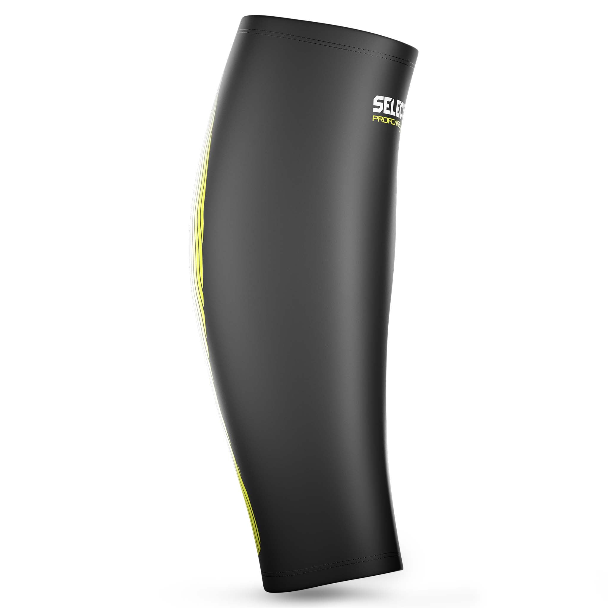 Framsida av svart Compression Calf 6150 sportstöd med gröna detaljer.