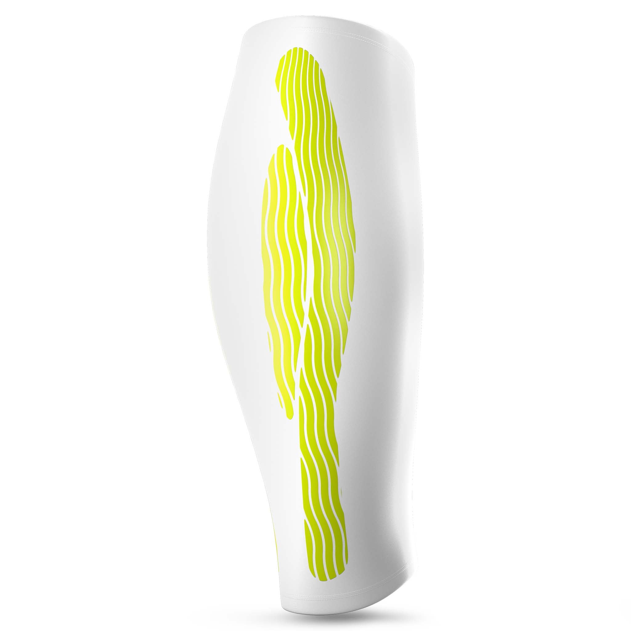 Vit Compression Calf 6150 sportstöd, baksida, med neongult kinesiologiskt vågmönster.