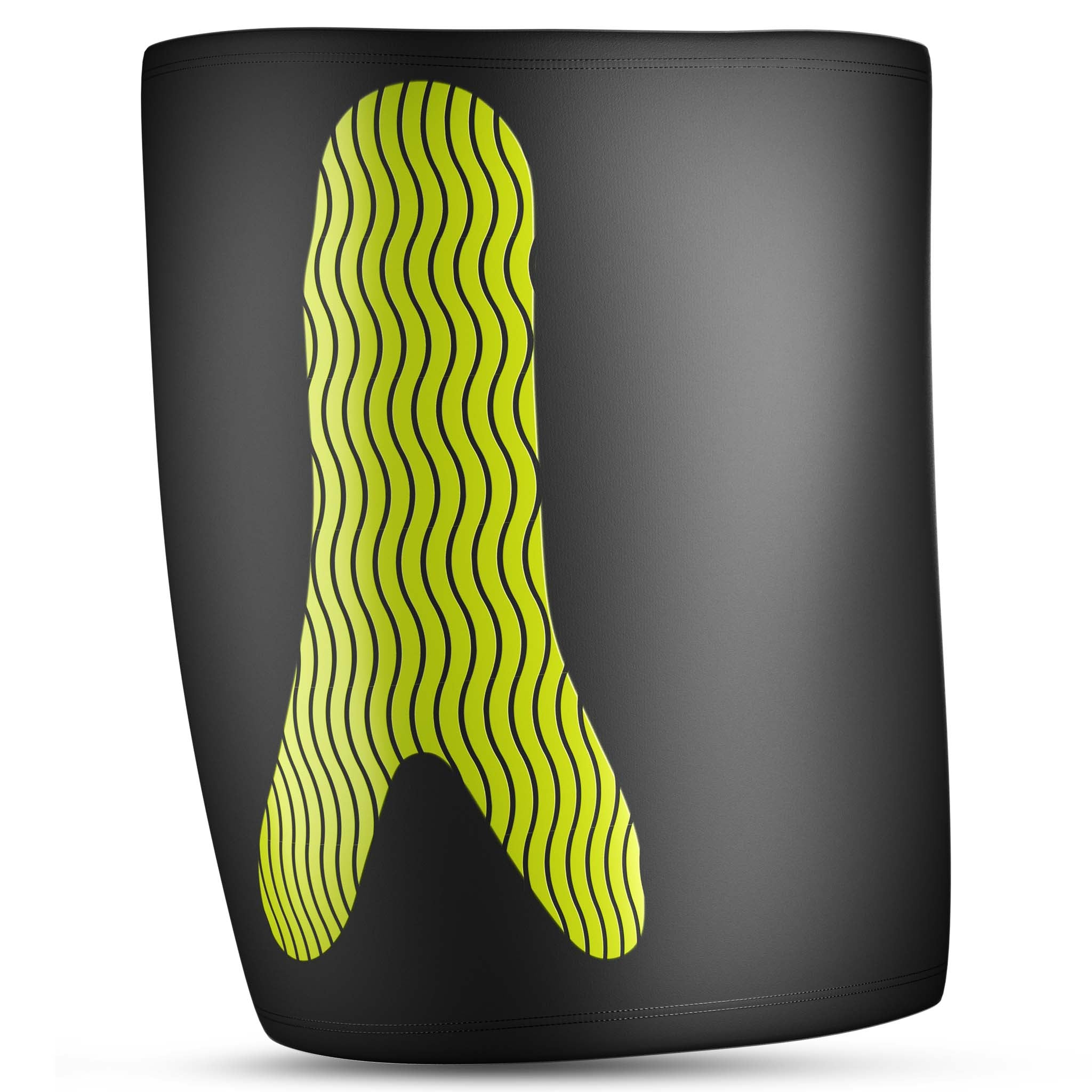 Svart Compression thigh support 6350, sportstöd, baksida med grön vågig kinesiologisk panel.