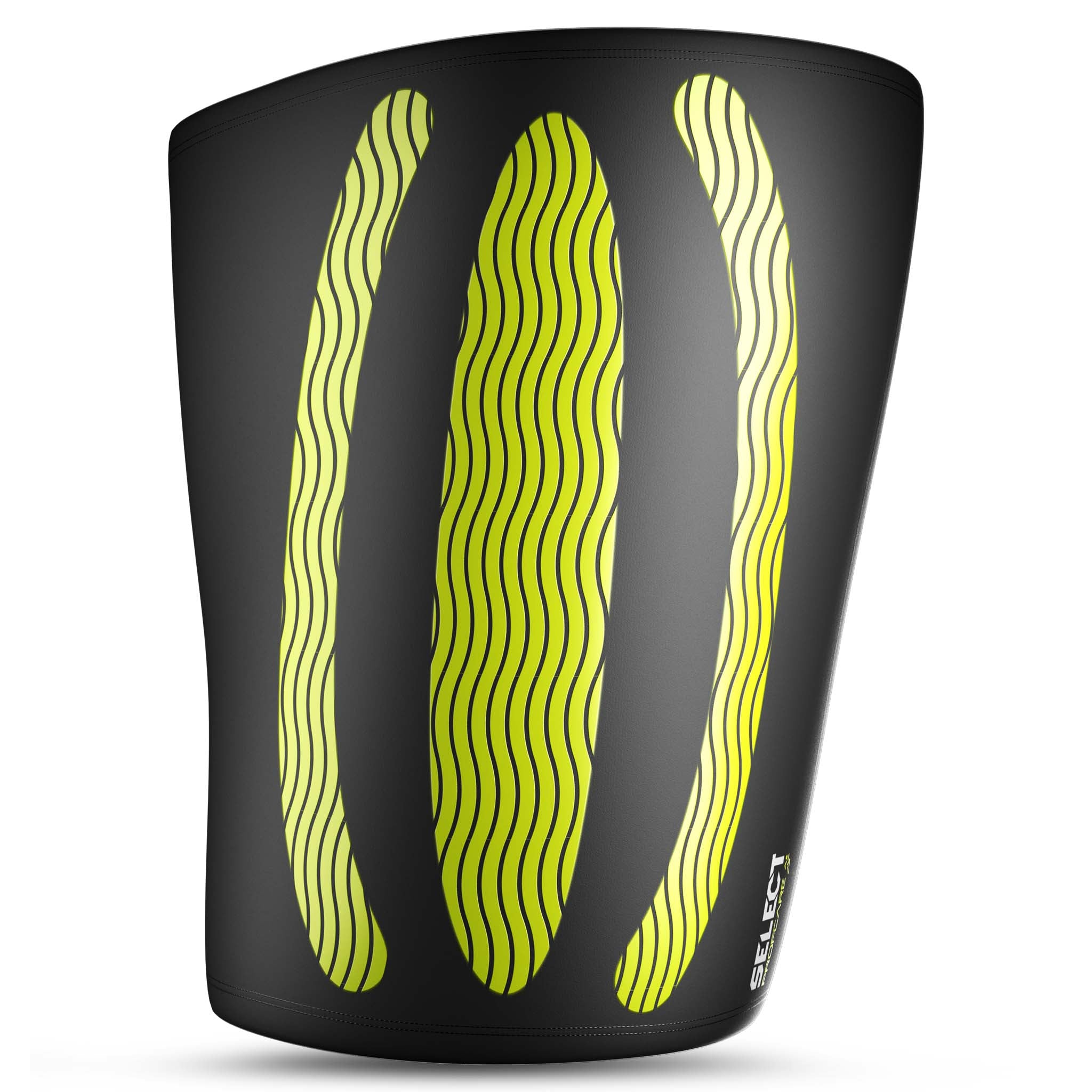 Svart Compression thigh support 6350 med gula vågiga linjer, framsida. Sports support.