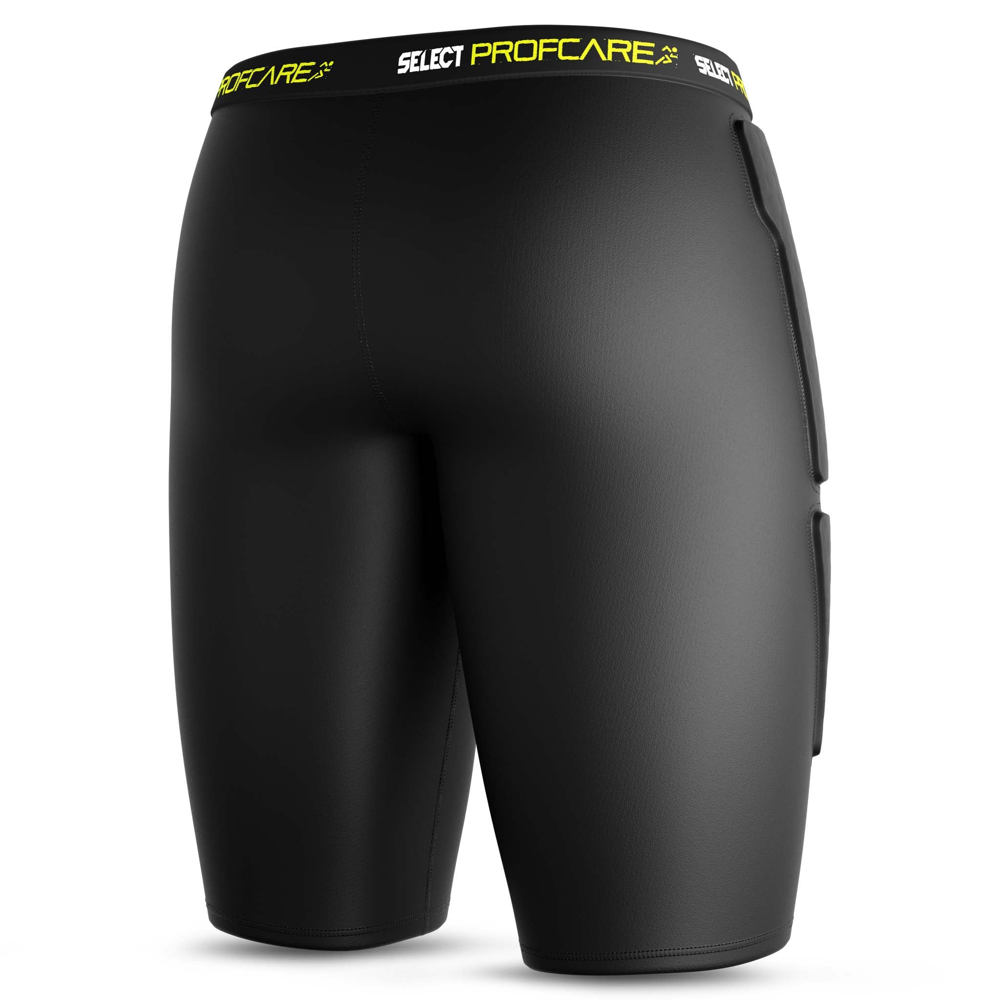 Svarta kompressionsshorts m/skydd 6421, sportstöd, bakifrån med gul logolinning