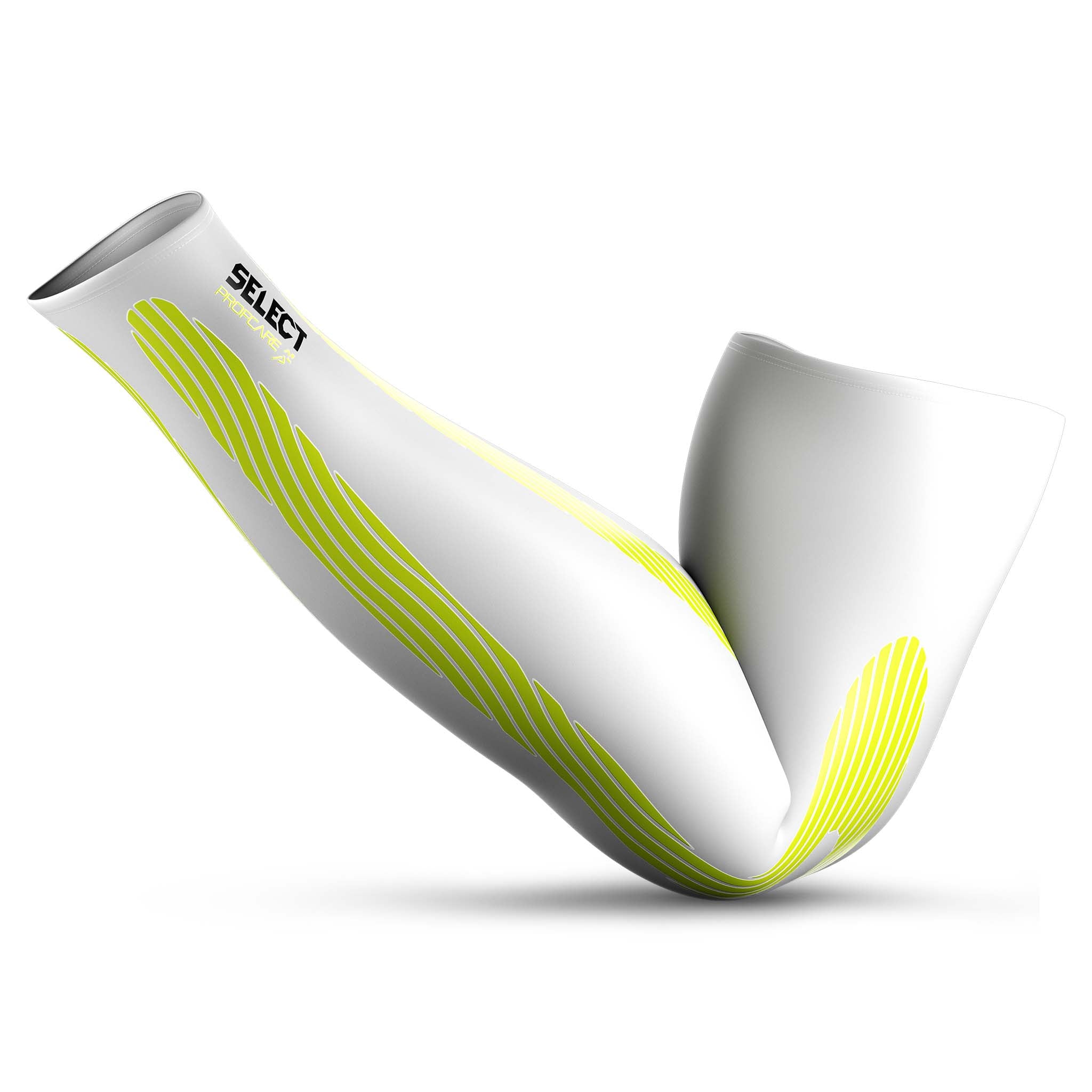 Framsida av vita Compression arm sleeves 6610 med gröna detaljer, sportstöd