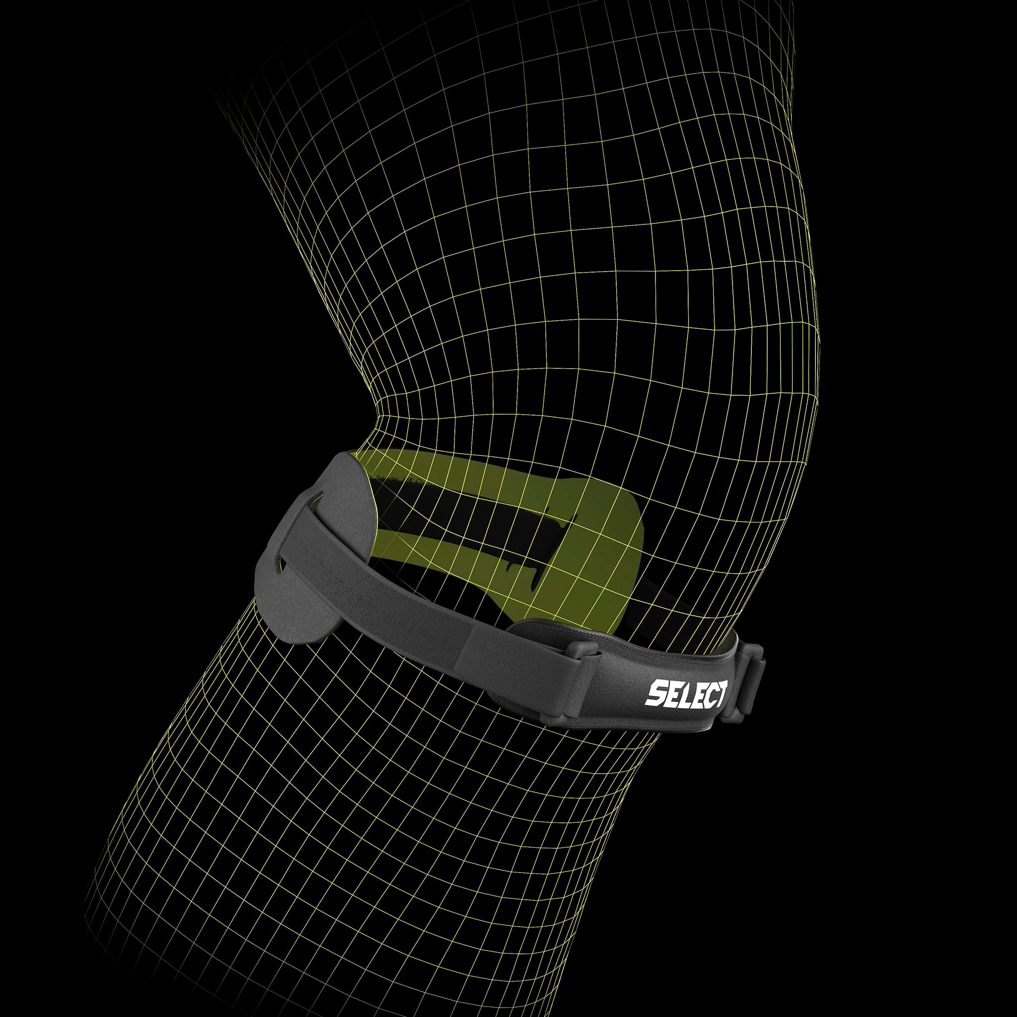 Svart Knee strap sportstöd visat på en fotbollsspelares knä