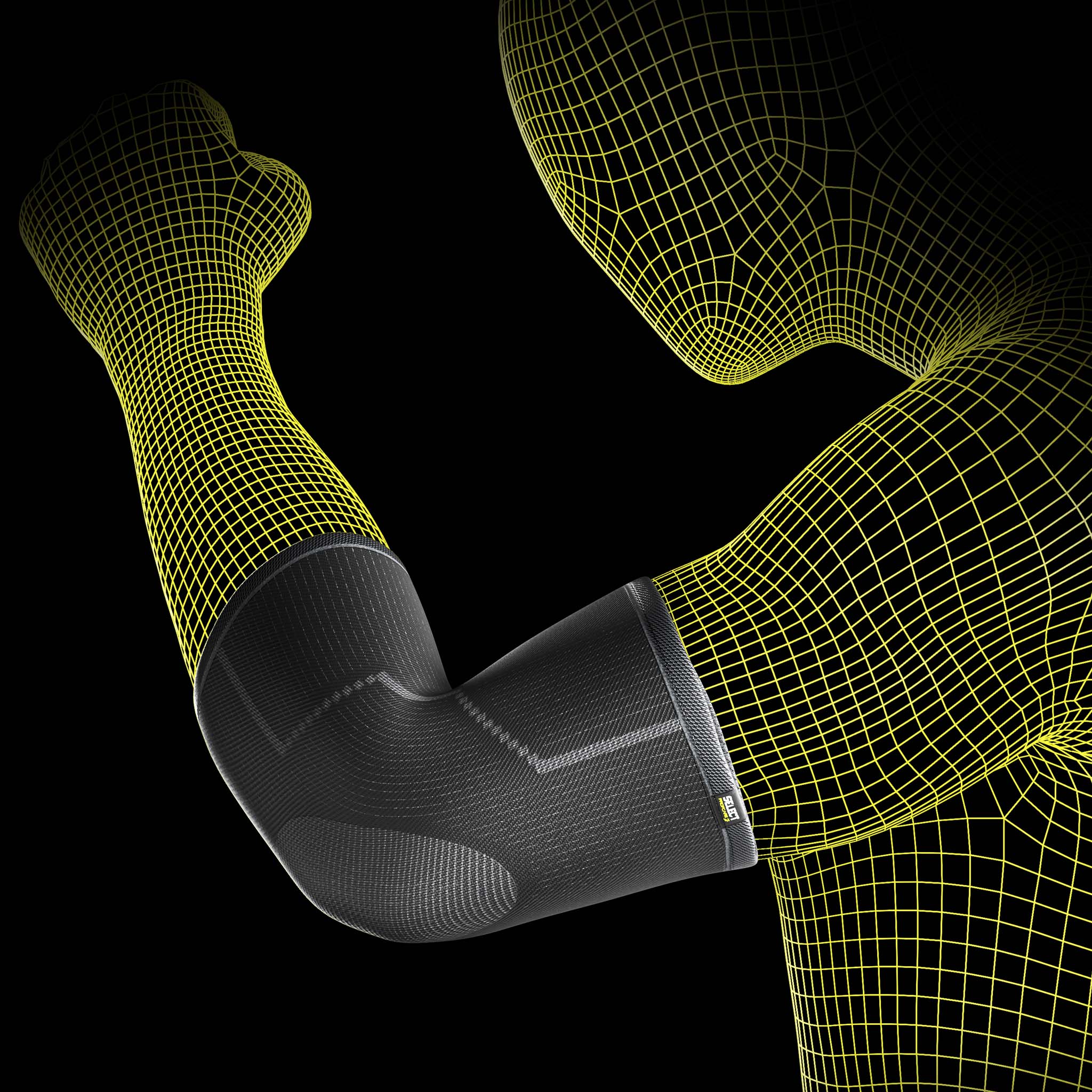 Svart Elbow support sportstöd på en wireframe-modellarm, framsida.