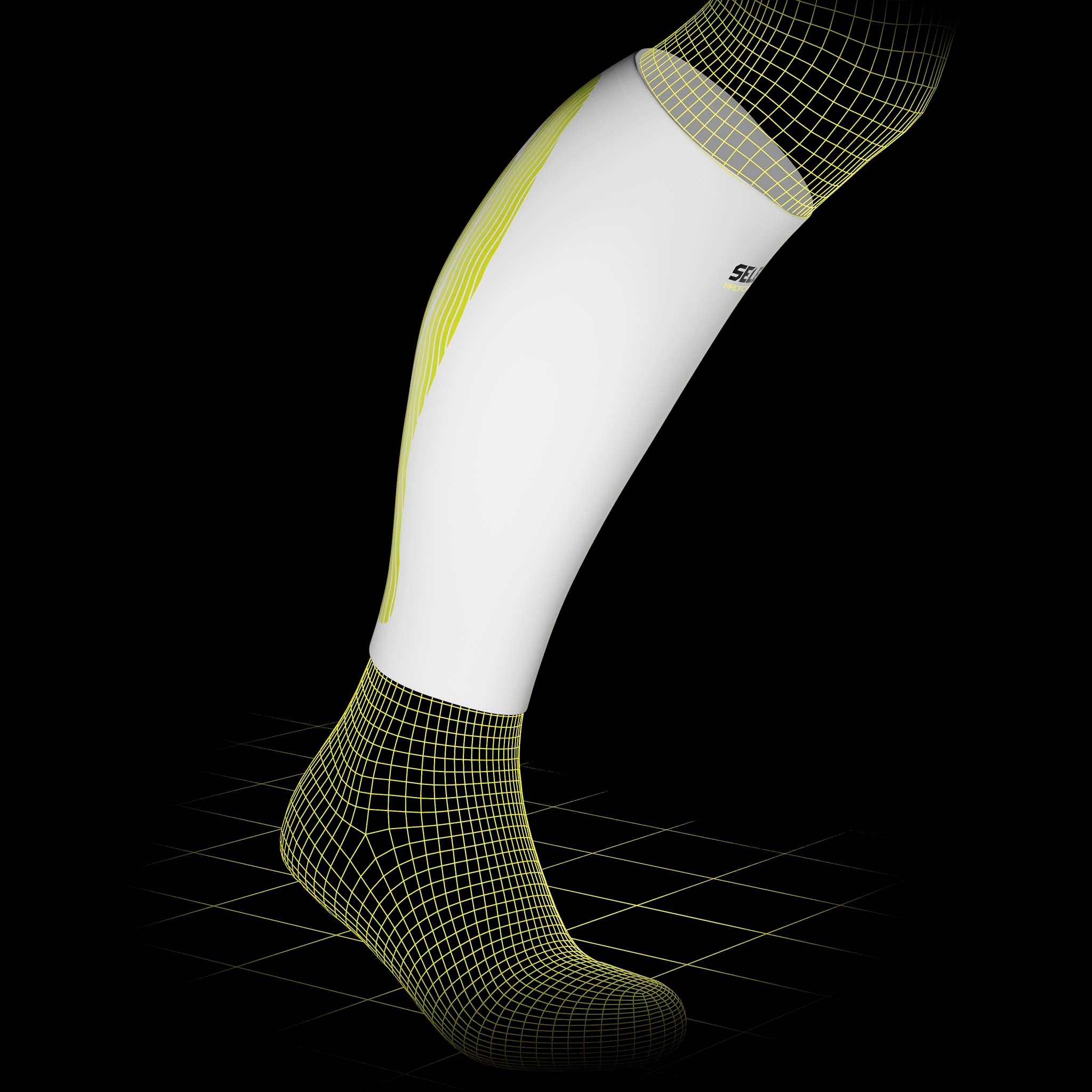 Vit Compression Calf 6150 sportstöd med gult kinesiologiskt mönster på modellben, framifrån.