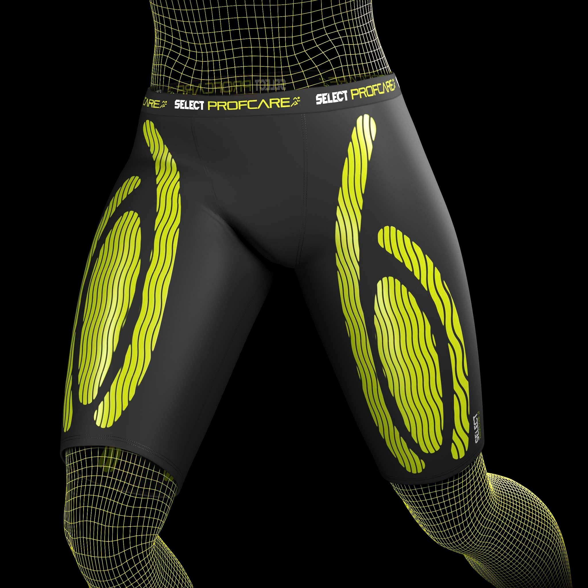 Svarta och gula Compression shorts 6407, sports support, framifrån på fotbollsspelarmodell