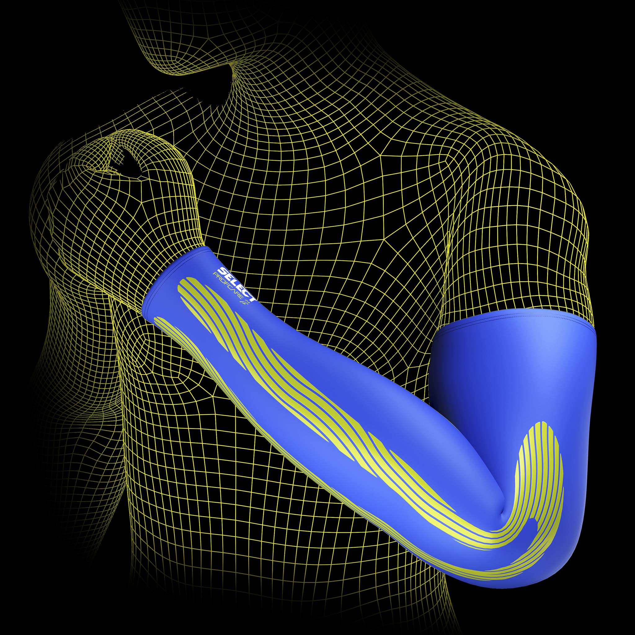 Blå Compression arm sleeves 6610, sportstöd, på wireframe-man med kinesiologisk effekt