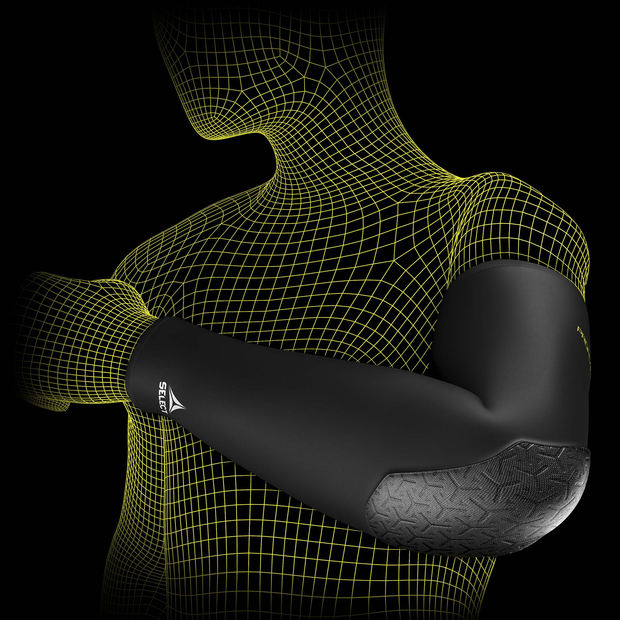 Svart Compression elbow support long 6652, sportstöd, visad på en wireframe-modellarm.
