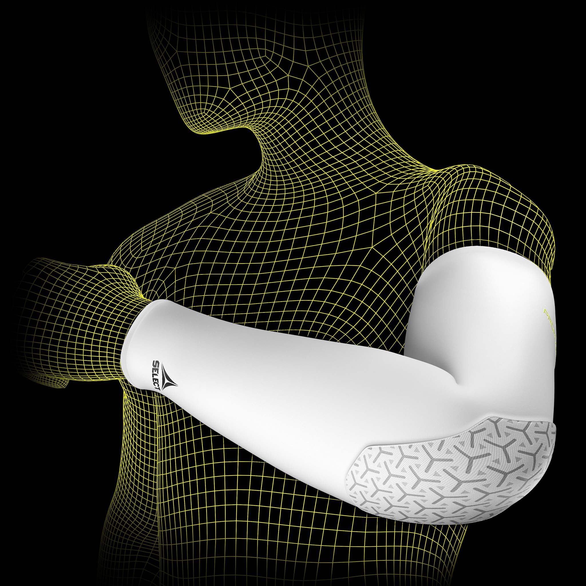 Vit Compression elbow support long 6652, sports support, visad på fotbollsspelarmodells arm
