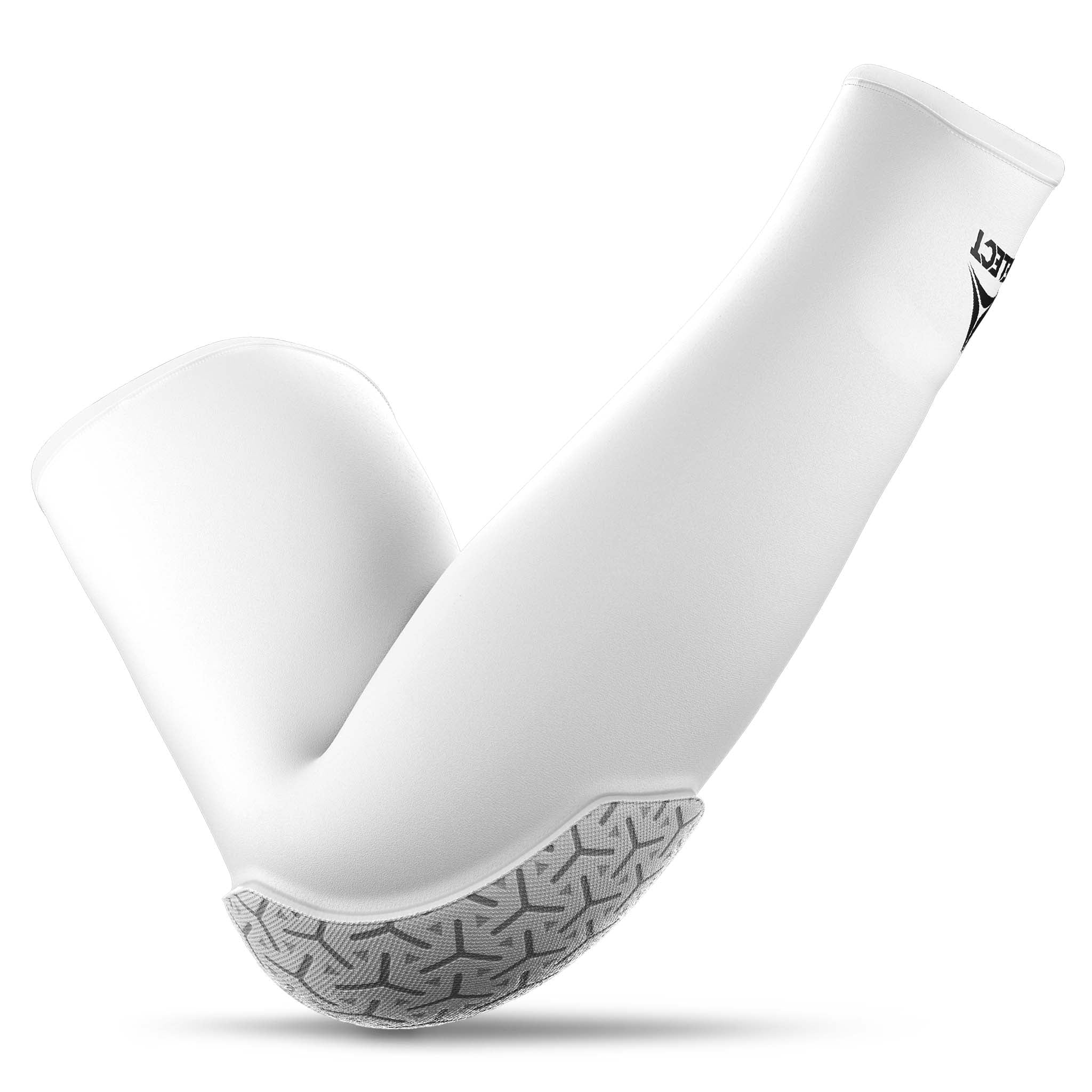 Vit Compression elbow support long 6652, sportstöd, baksida med grått mönstrad vaddering.