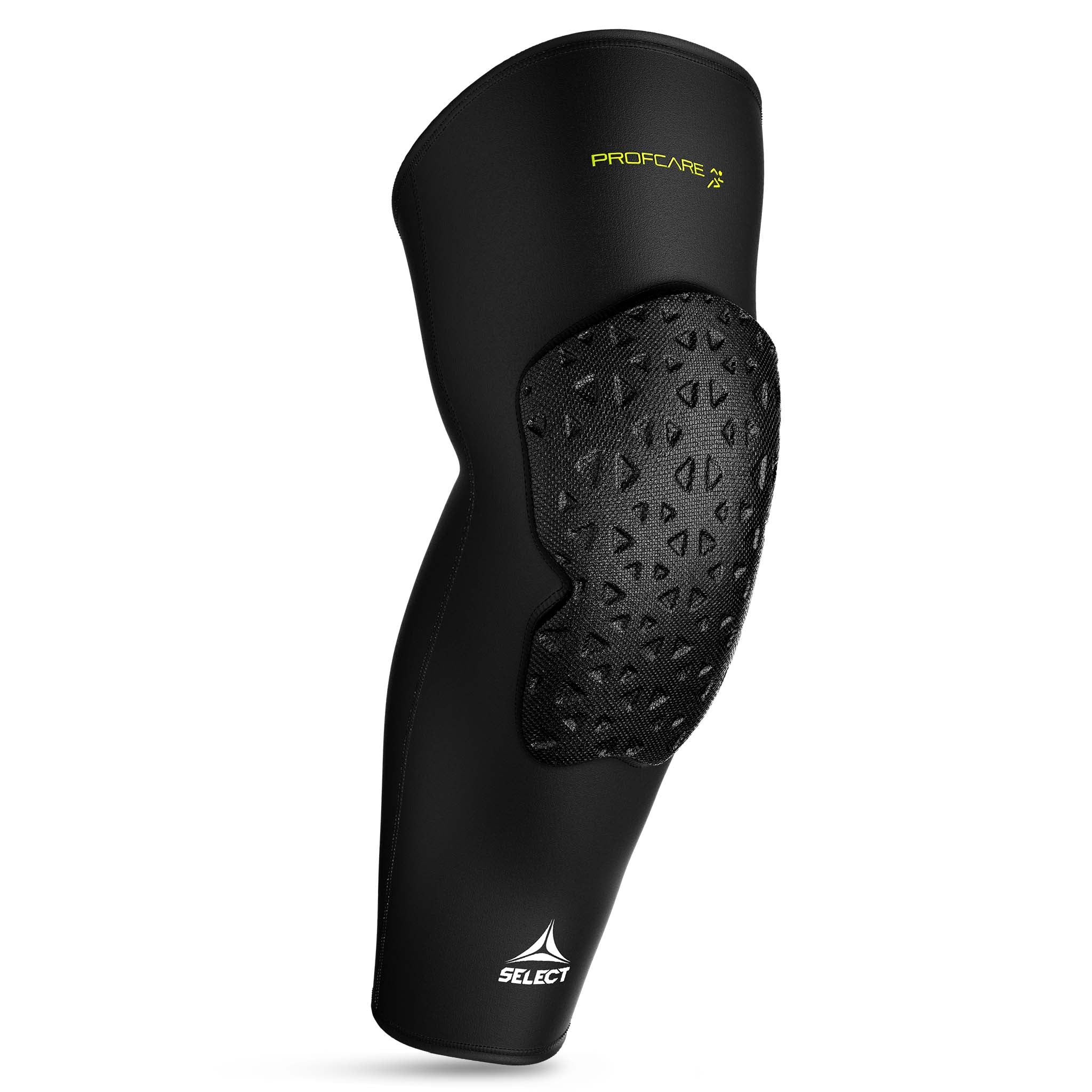Svart Compression knee support long 6253 sportstöd, framsida, med strukturerad skyddsvaddering.