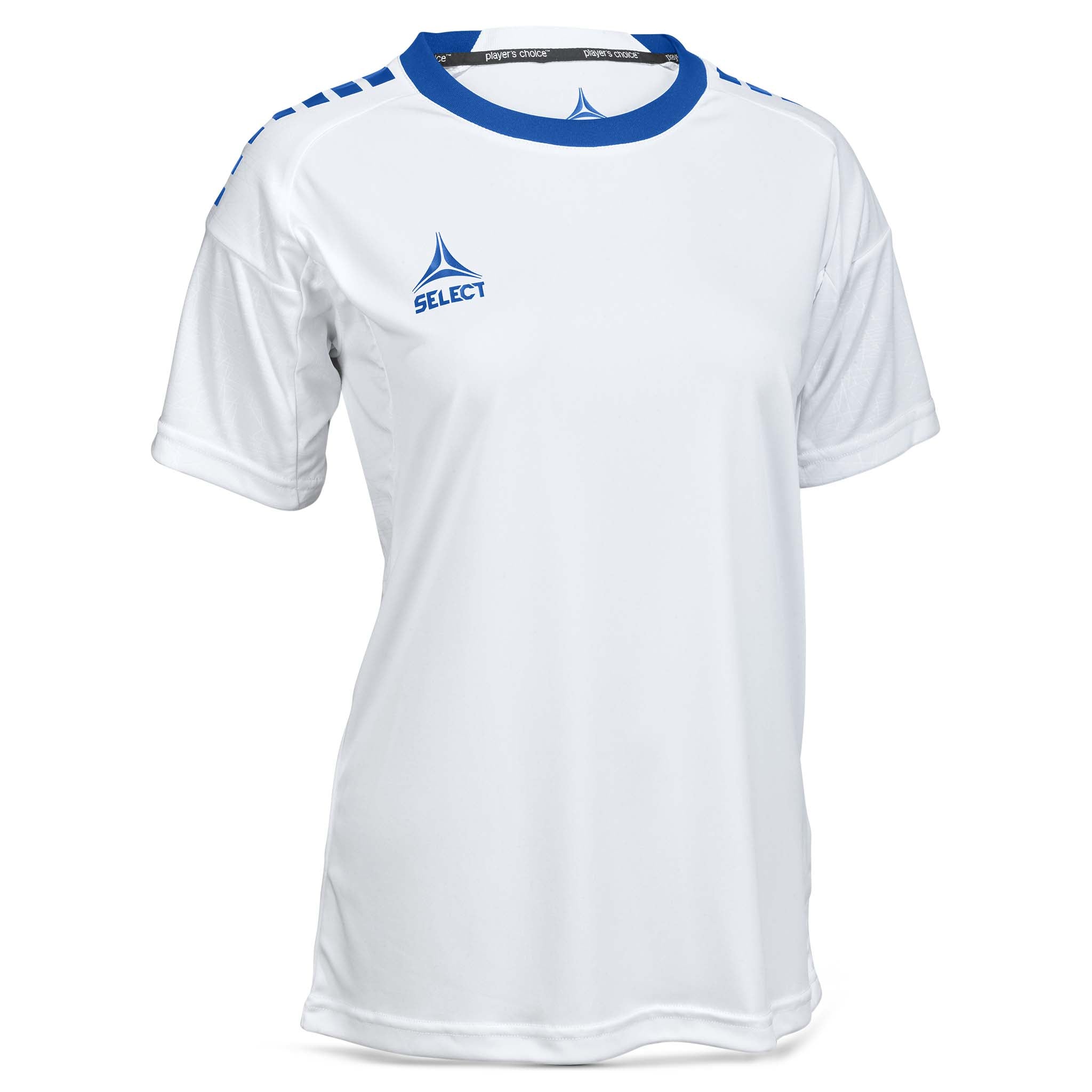 Framsida av vit och blå Player shirt S/S Spain woman v25, Match & Training wear fotboll.